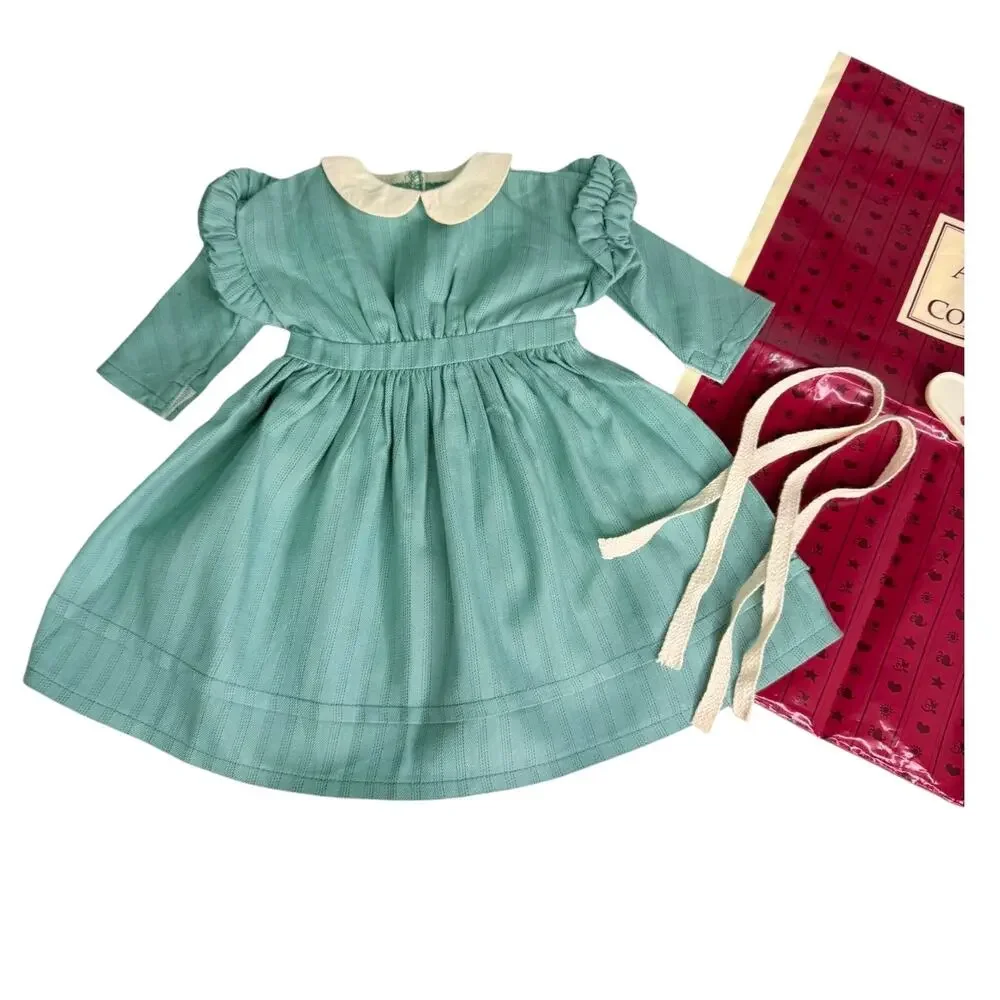 American Girl Kirsten Work Dress Green Cream Hair Ties Pleasant Co Label & Bag